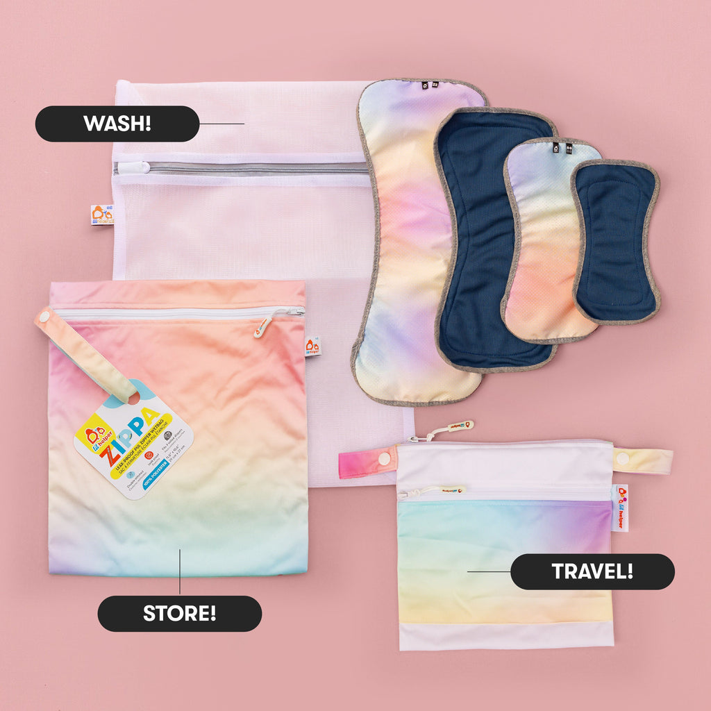 Bags and HyPs WoW (without wings) cloth pads that together make a complete system for reusable period protection