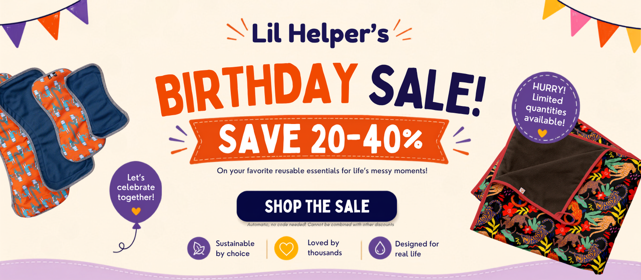 A promotional banner for Lil Helper's Birthday Sale featuring reusable menstrual pads and a waterproof mat The central text reads 'Lil Helper's BIRTHDAY SALE! SAVE 20-40% off