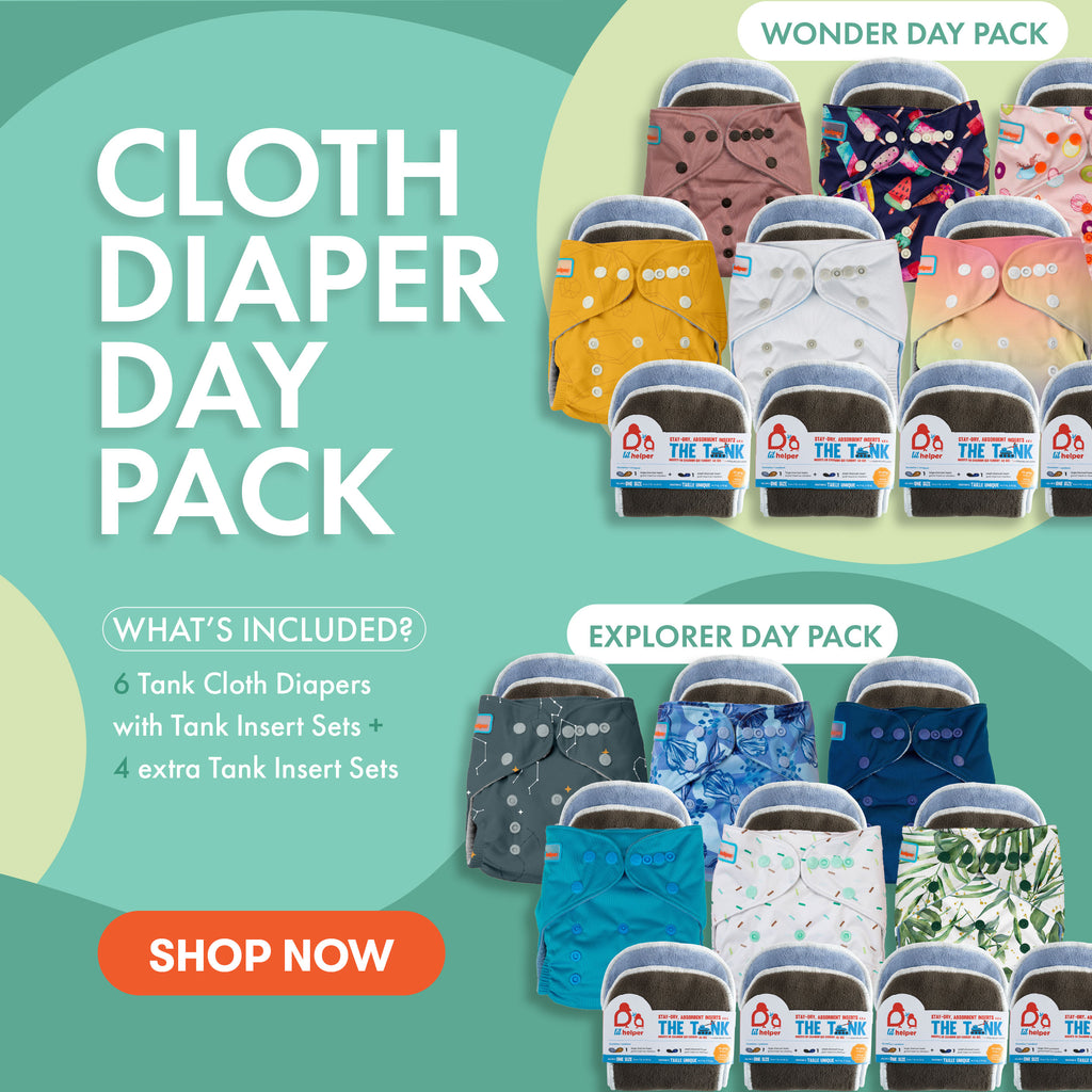 Promotional image of cloth diaper packs with various designs on a green background.