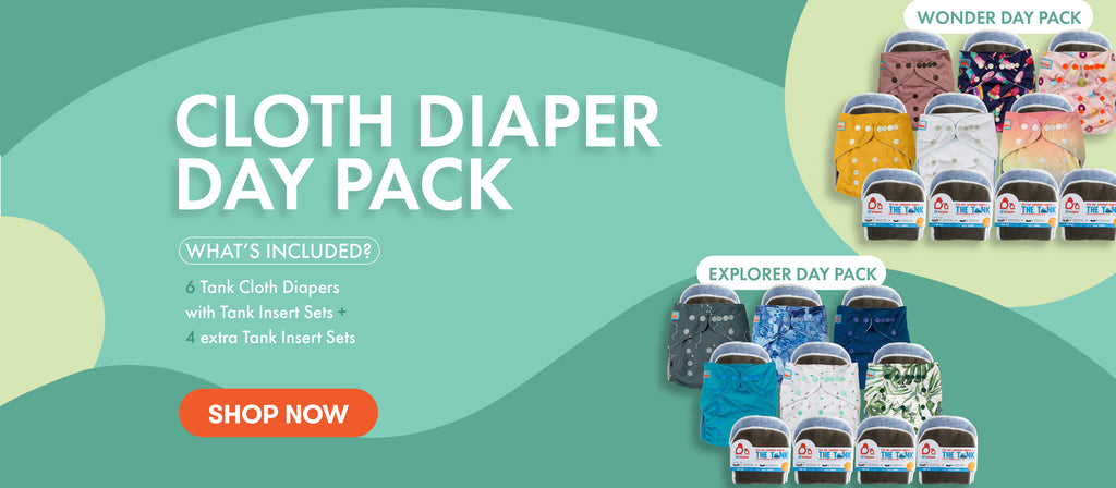 Promotional banner for cloth diaper day pack with product images and 'Shop Now' button on a green background.