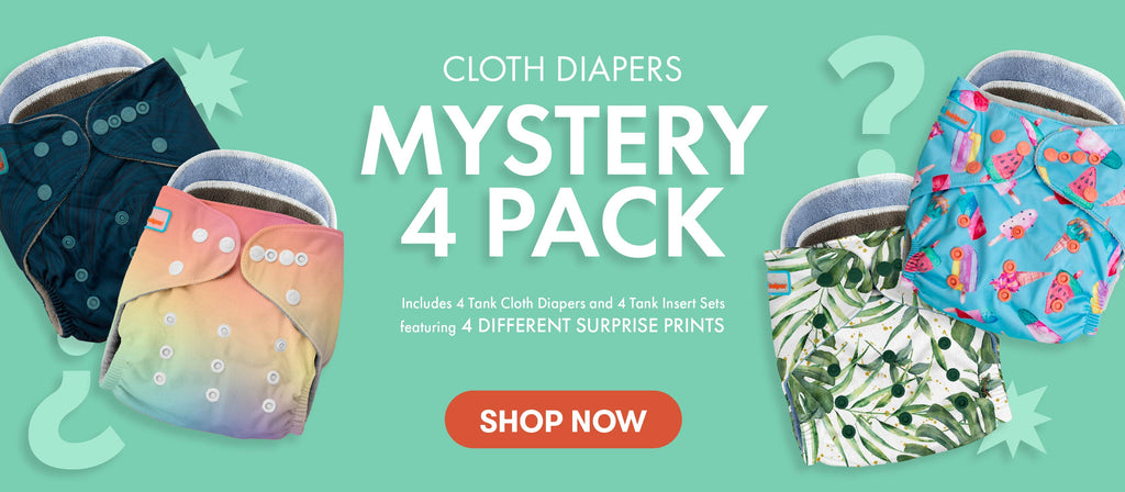 Promotional banner for cloth diapers with a mystery 4-pack offer on a teal background.