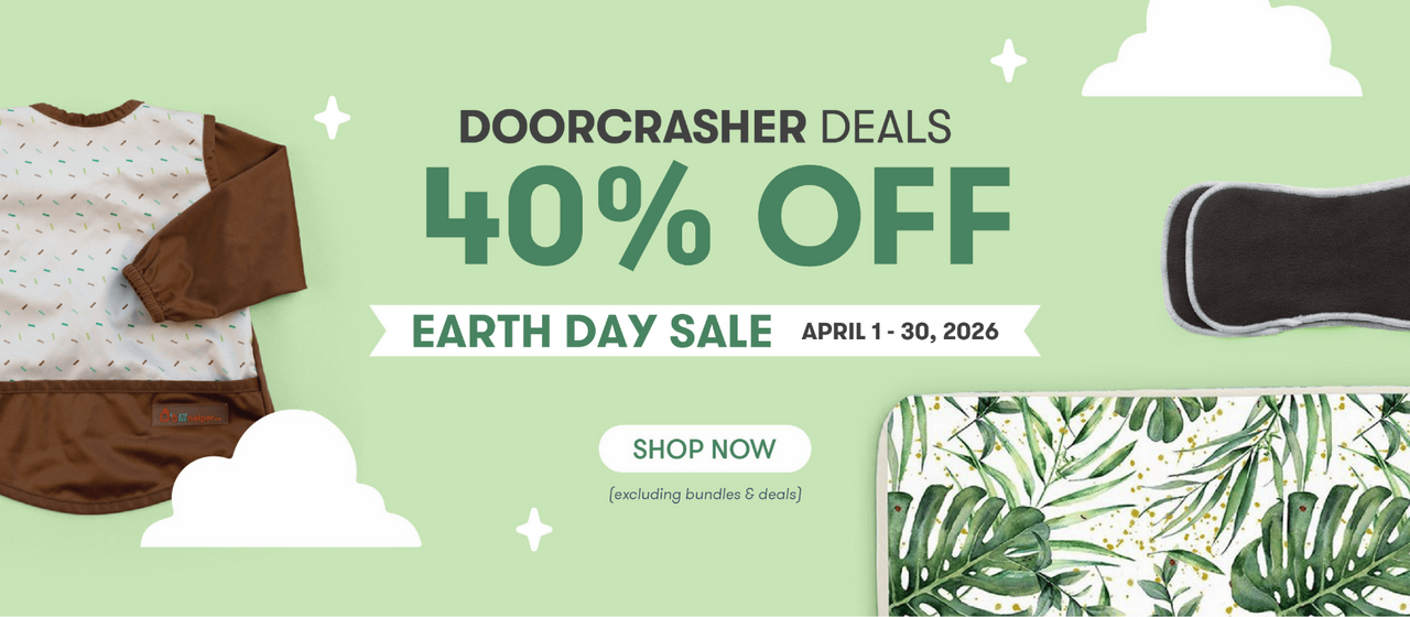 Promotional banner for Doorcrasher Deals Earth Day Sale with clothing and nature elements on a green background.