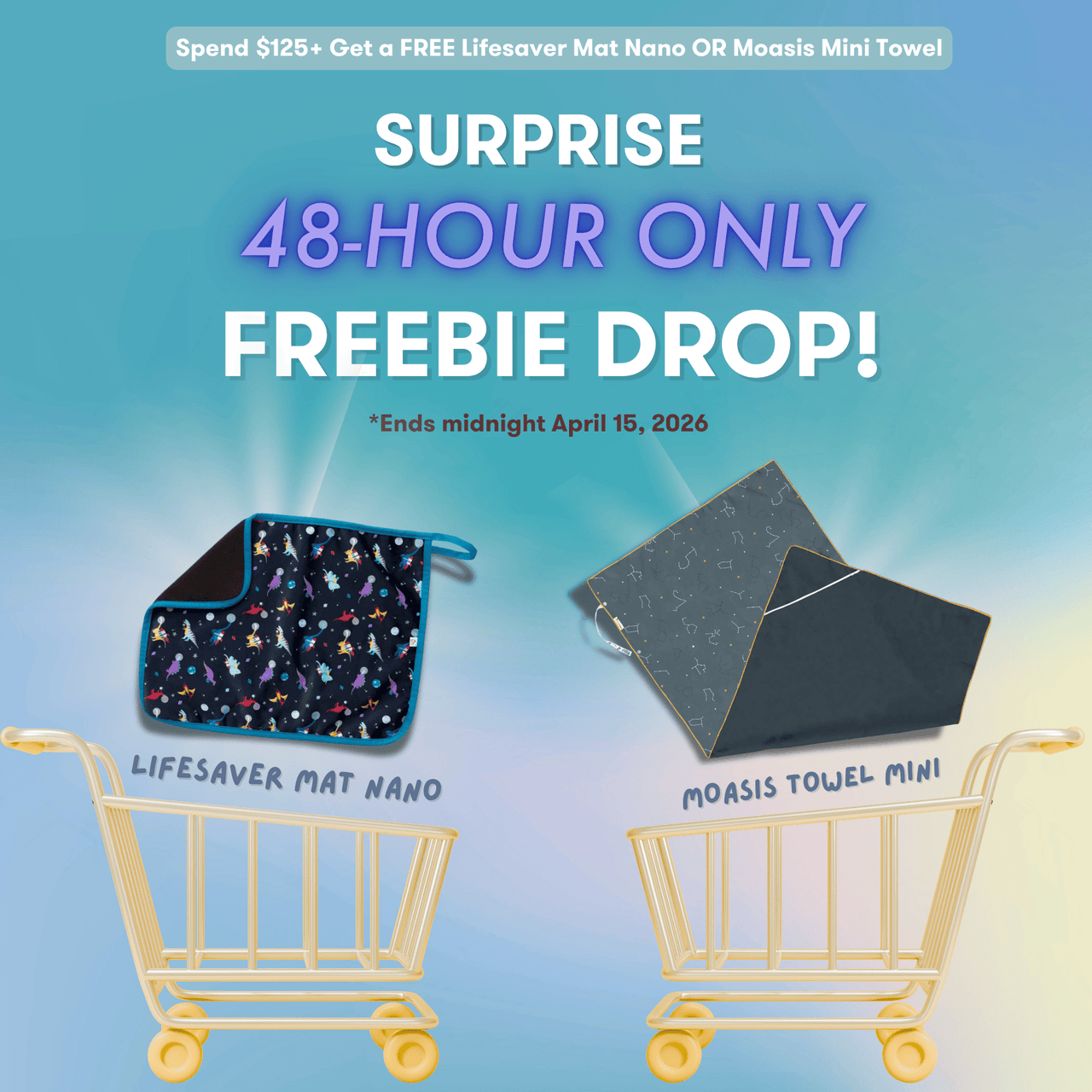 Promotional image with shopping carts containing 'Lifesaver Mat Nano' and 'Moasis Towel Mini' against a gradient background.