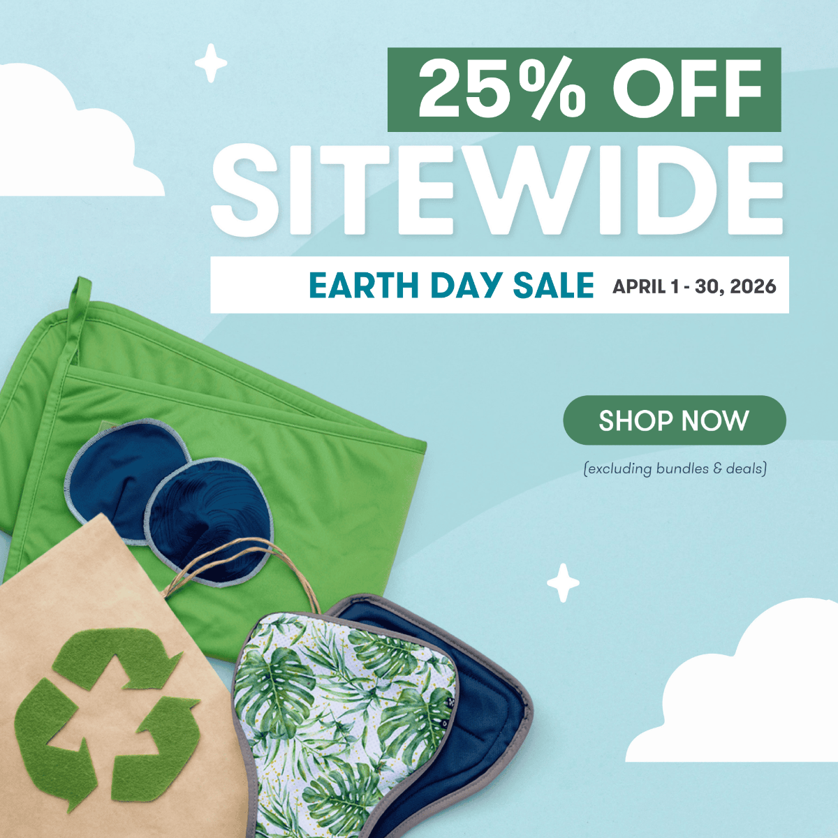 Promotional banner for Earth Day sale with green sunglasses, beige bag, and leaf-patterned pouch on a light blue background.