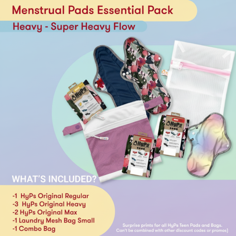 Menstrual pads essential pack with various pads and a mesh bag on a peach background