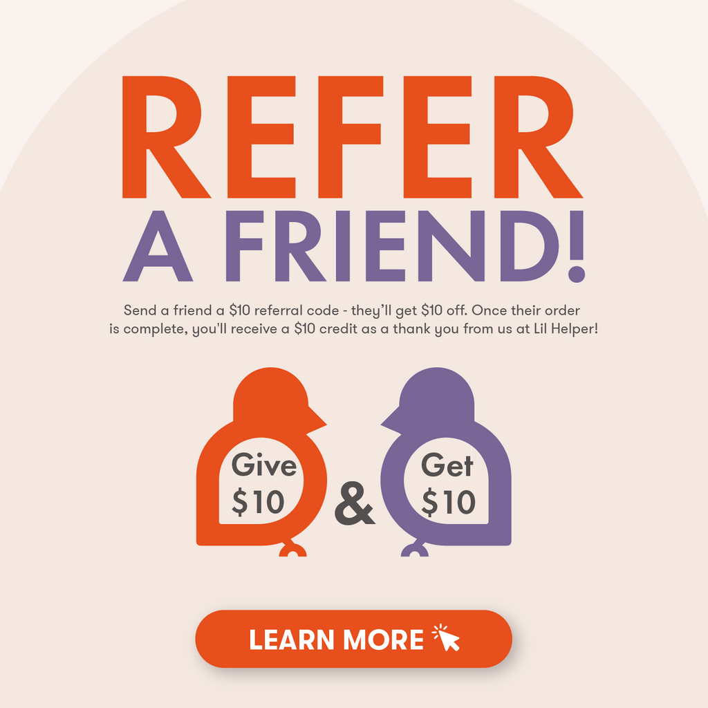 Promotional graphic for a referral program with penguin illustrations and text on a beige background.