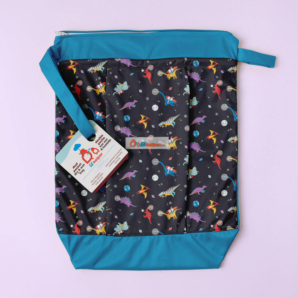 Reusable Bag with dinosaur pattern and blue accents on a light purple background