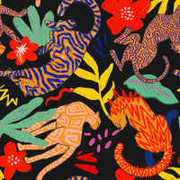 Colorful abstract jungle scene with patterned cats and vibrant foliage on a dark background.