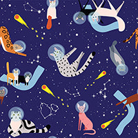 Cats in space suits floating among stars and constellations.