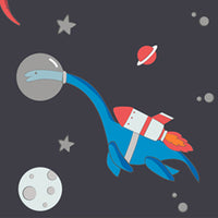 A dinosaur with a helmet and rocket pack flying in space.