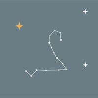 Diagram of a star constellation against a dark blue background with stars.