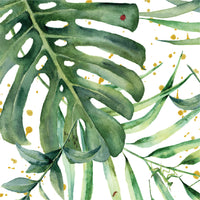 Watercolor illustration of tropical green leaves with small paint splatters.